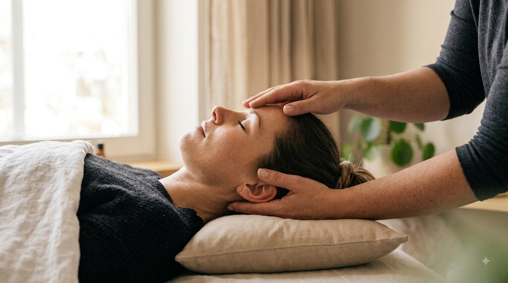 Massage crânien doux, illustration du soin apaisement mental